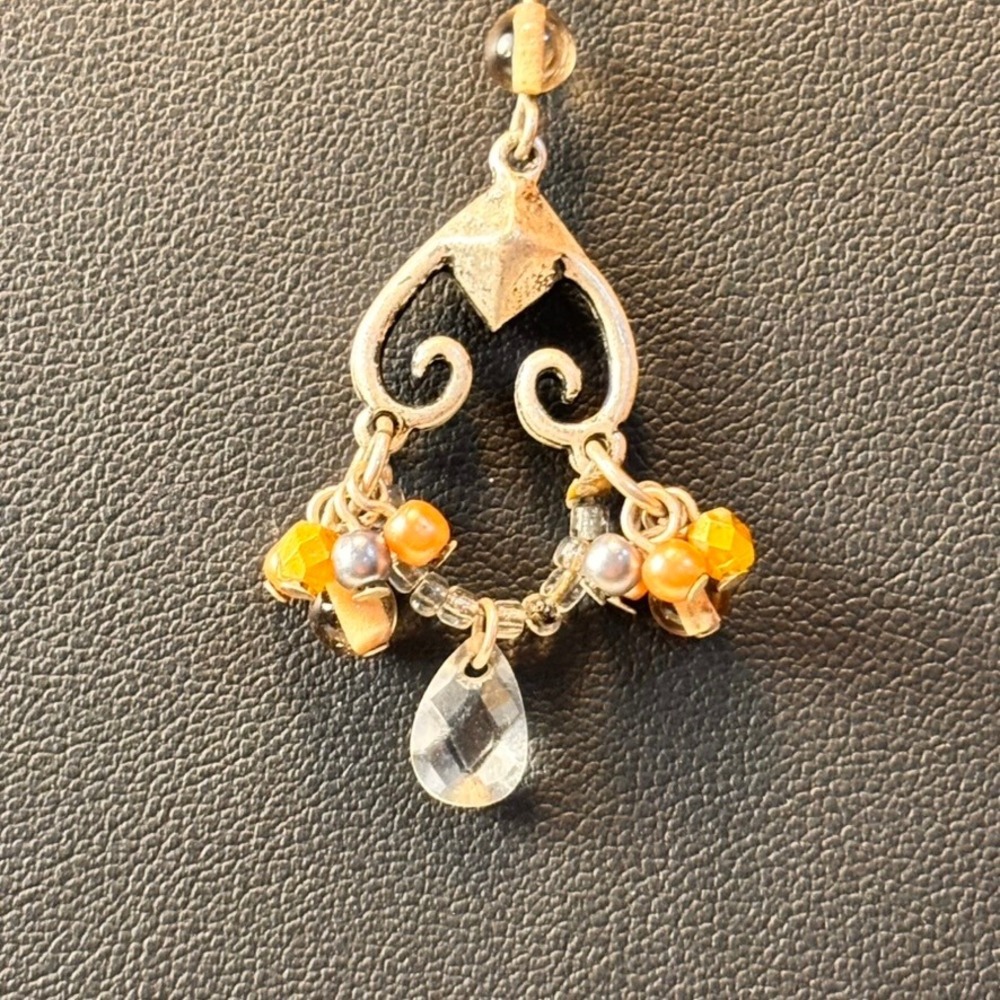 Scrollwork Chandelier Pendant Necklace Silver Orange Boho Whimsygoth Statement - Picture 2 of 9